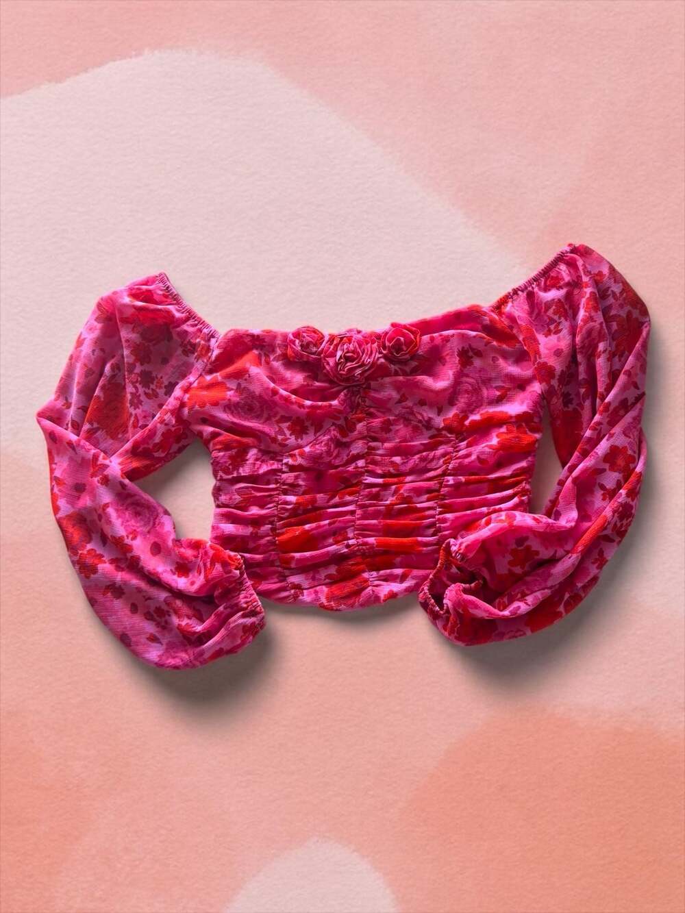 Free People Oh Lala Pink Floral Off-The-Shoulder Ruched Crop‎ Top, Size XS
